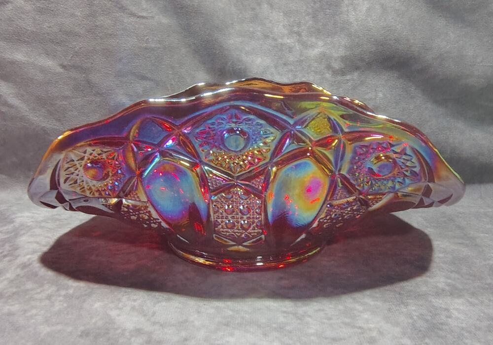 Vintage L.E. Smith Ruby Red Carnival Glass Banana Or Fruit Bowl UV REACTIVE